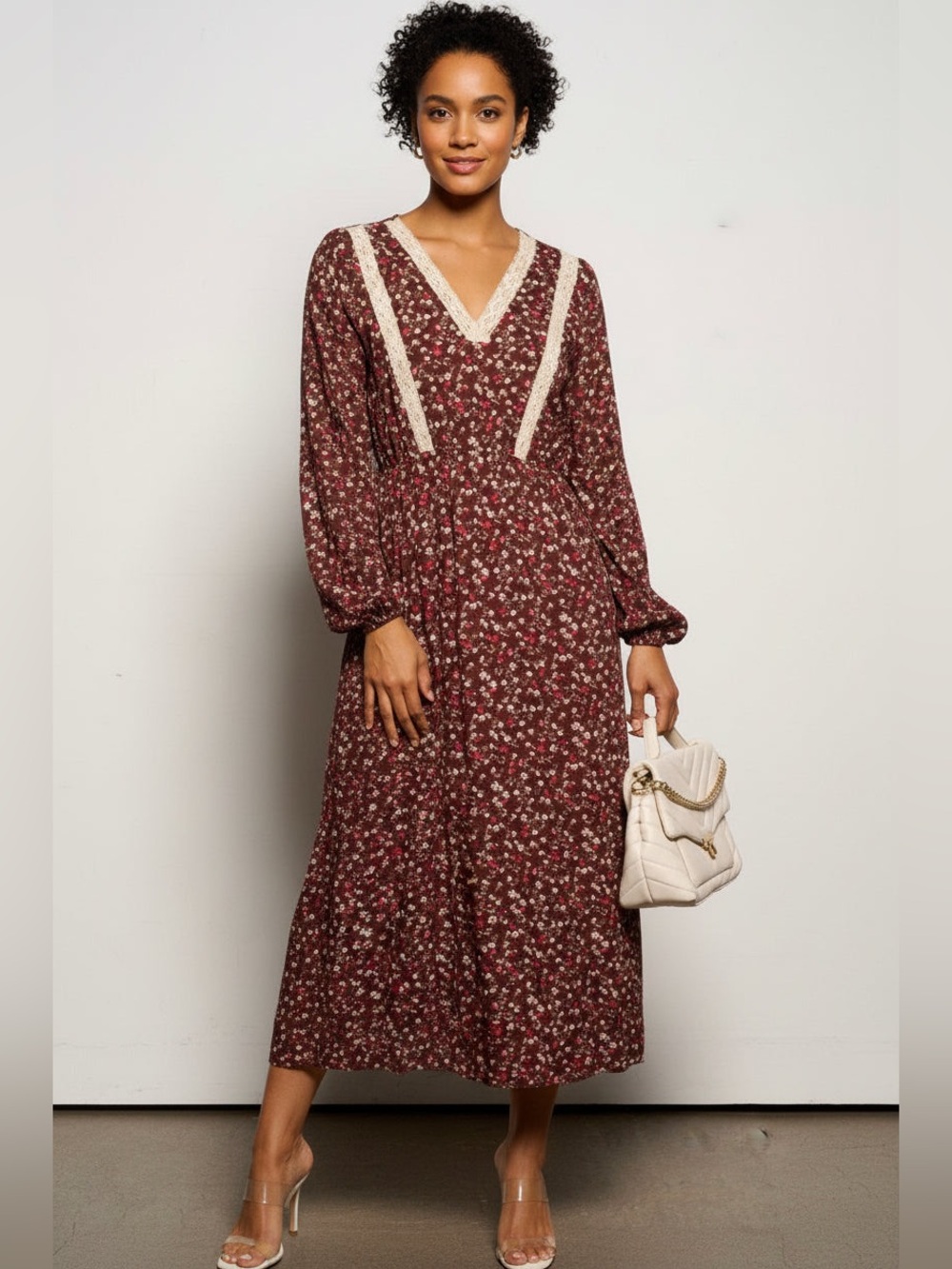 Long-Sleeve Burgundy Floral Maxi Dress with Cream Trim